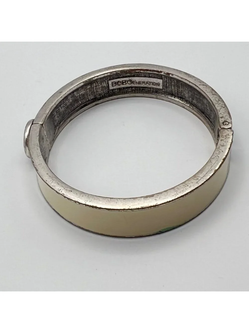 BCBGeneration Black Cream Enamel Hinged Bangle Bracelet 6.5